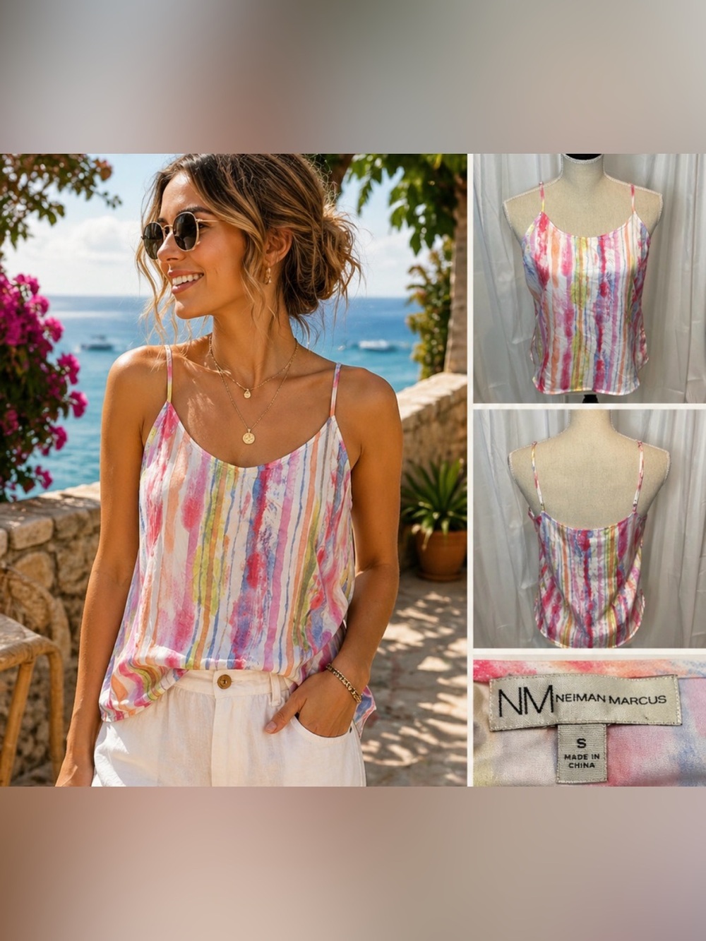 42 Vintage Neiman Marcus Silk Blend Watercolor Stripe Camisole Tank Y2K S Artsy